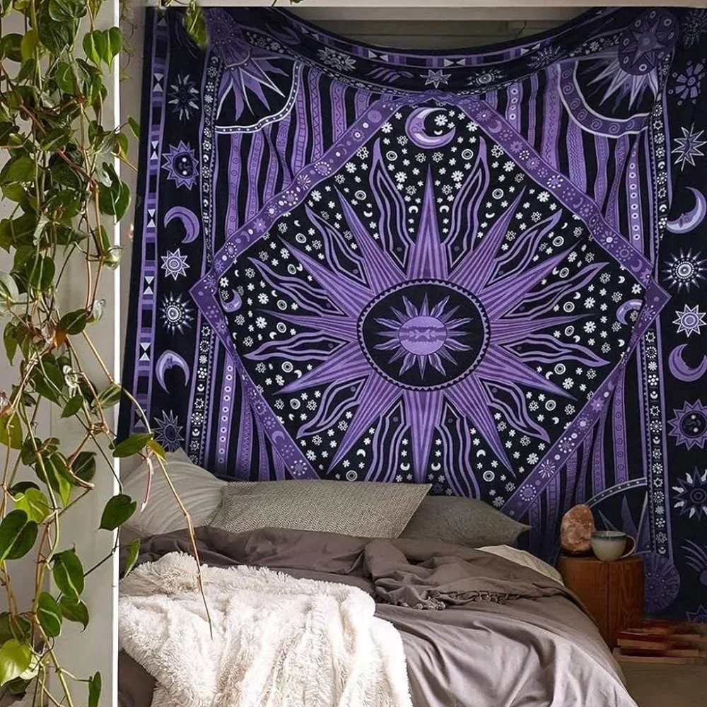 Twin Size Star Sun Purple Boho Style Wall Bed Decor Cotton Tapestry NEW